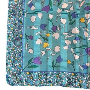 Vintage 70s Italian Floral‎ Square Scarf Teal Purple Yellow Tulip Print